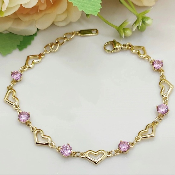 SC JEWELRY Jewelry - Heart Chain Bracelet CZ Pink Stone 14k Gold Plated